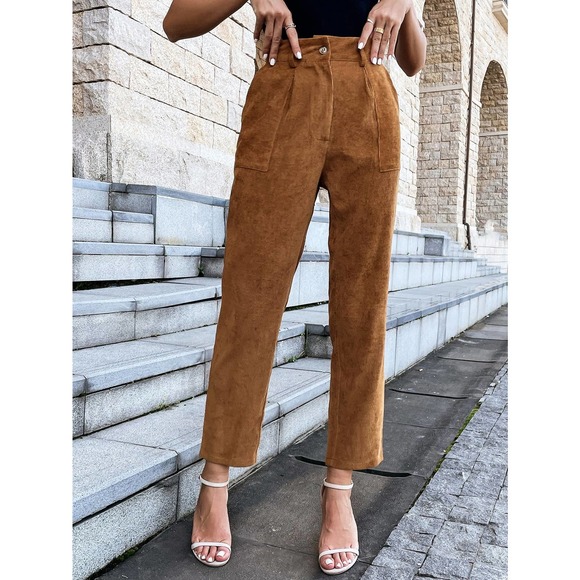 High Waist Slant Pocket Corduroy Pants brown tan fall straight leg - Picture 3 of 7